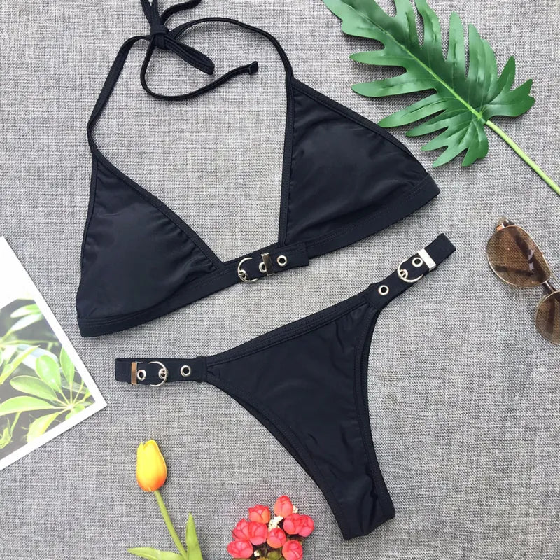 Elizabeth | Women’s Adjustable Black Thong Bikini Set