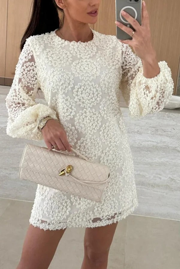 Kimberly® | Loose mini dress with balloon sleeves made from lace-textured fabric