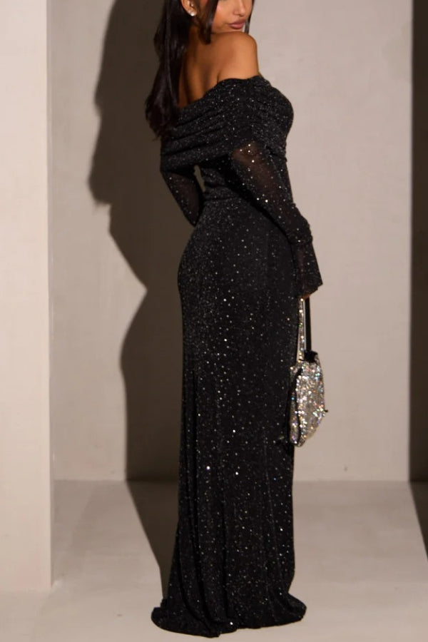 Juniper® | Black sequin off shoulder maxi dress