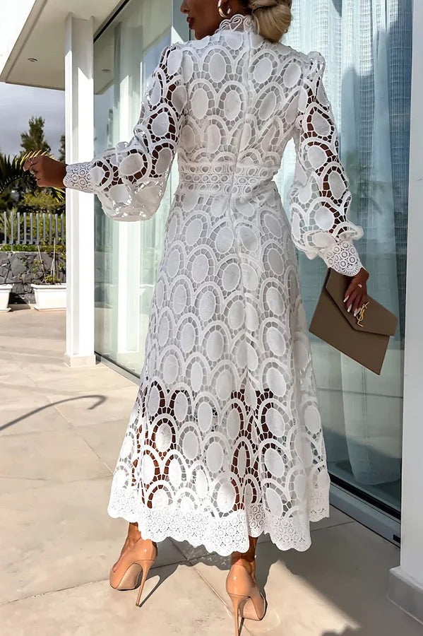Francisca® | Romantic, sensual and elegant party midi dress with crochet lace and lantern sleeves