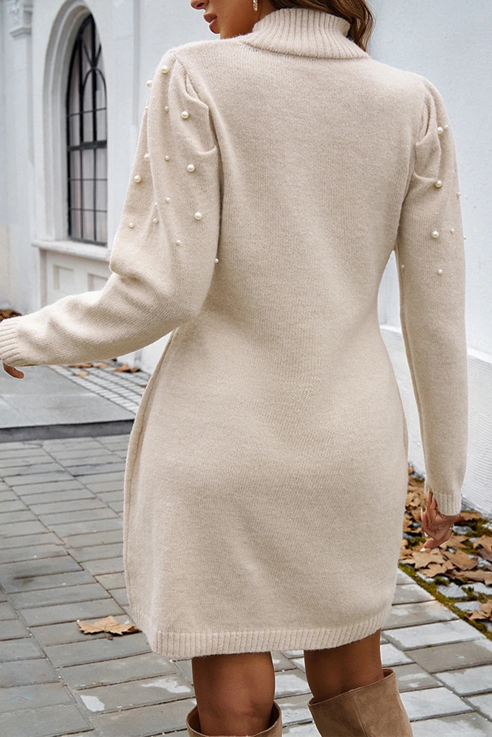 Georgia® | High neck, bodycon sweater dress with parchment beads and pearls