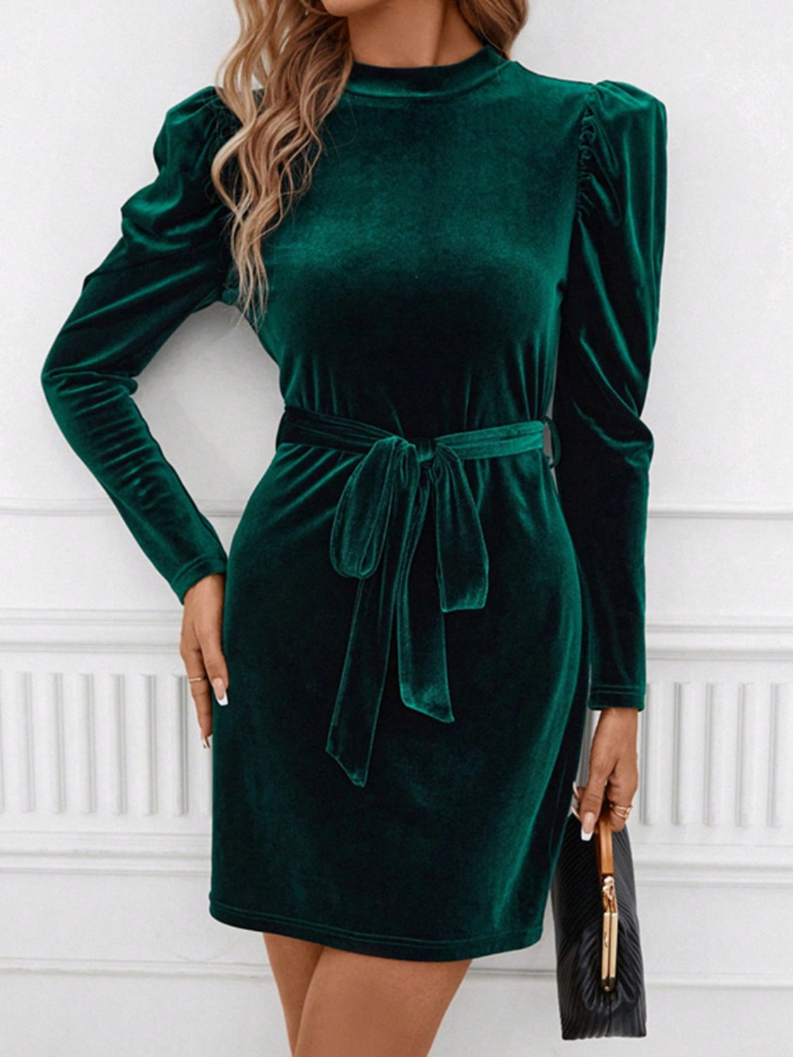 Noemí® | Mini dress with stand-up collar, tie waist and puff sleeves