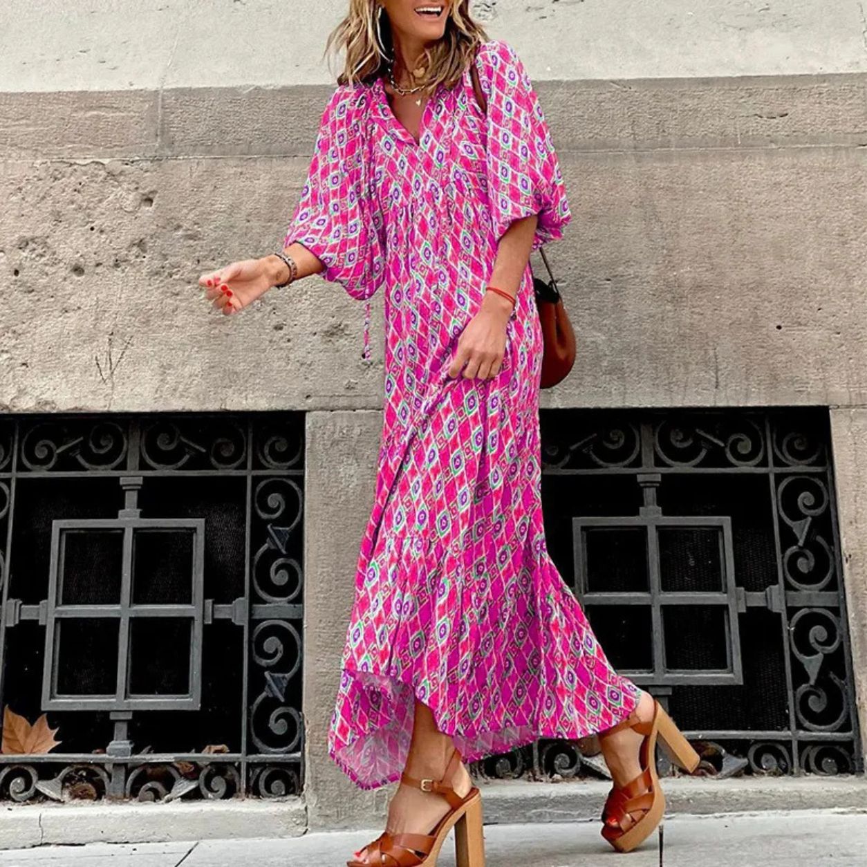 Catalina Short-sleeve Mid-length Boho Print Dress