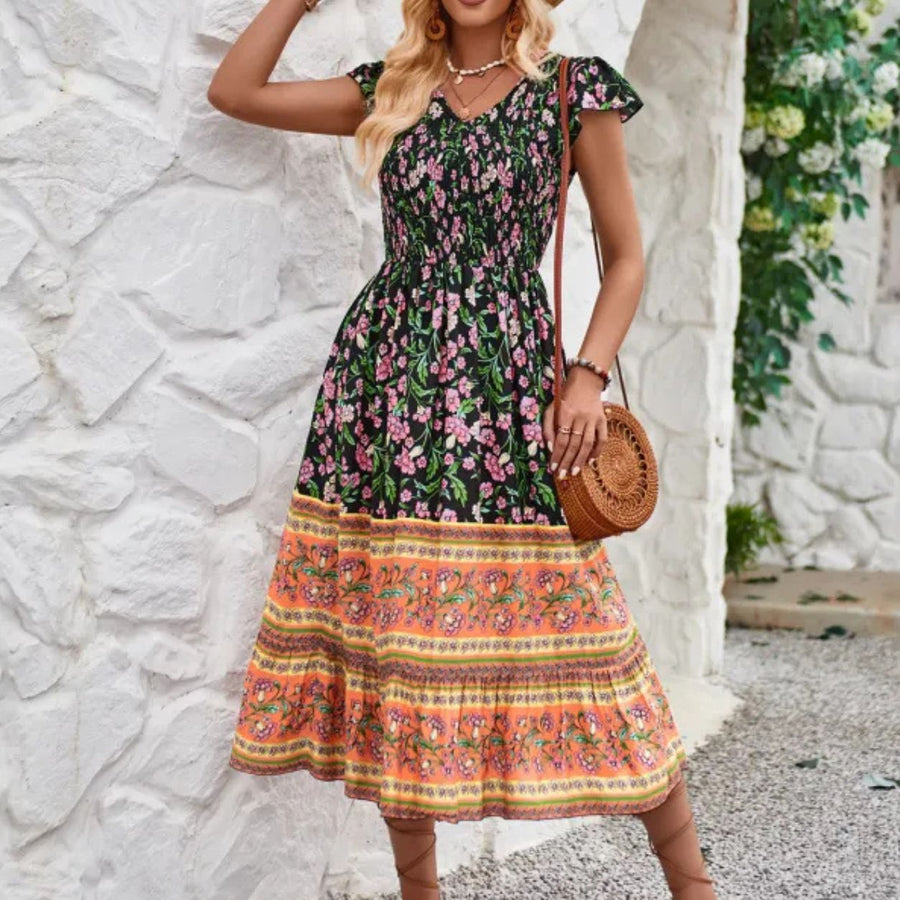 Lucia Floral V-Neck Ruffle Beach Dress — Black