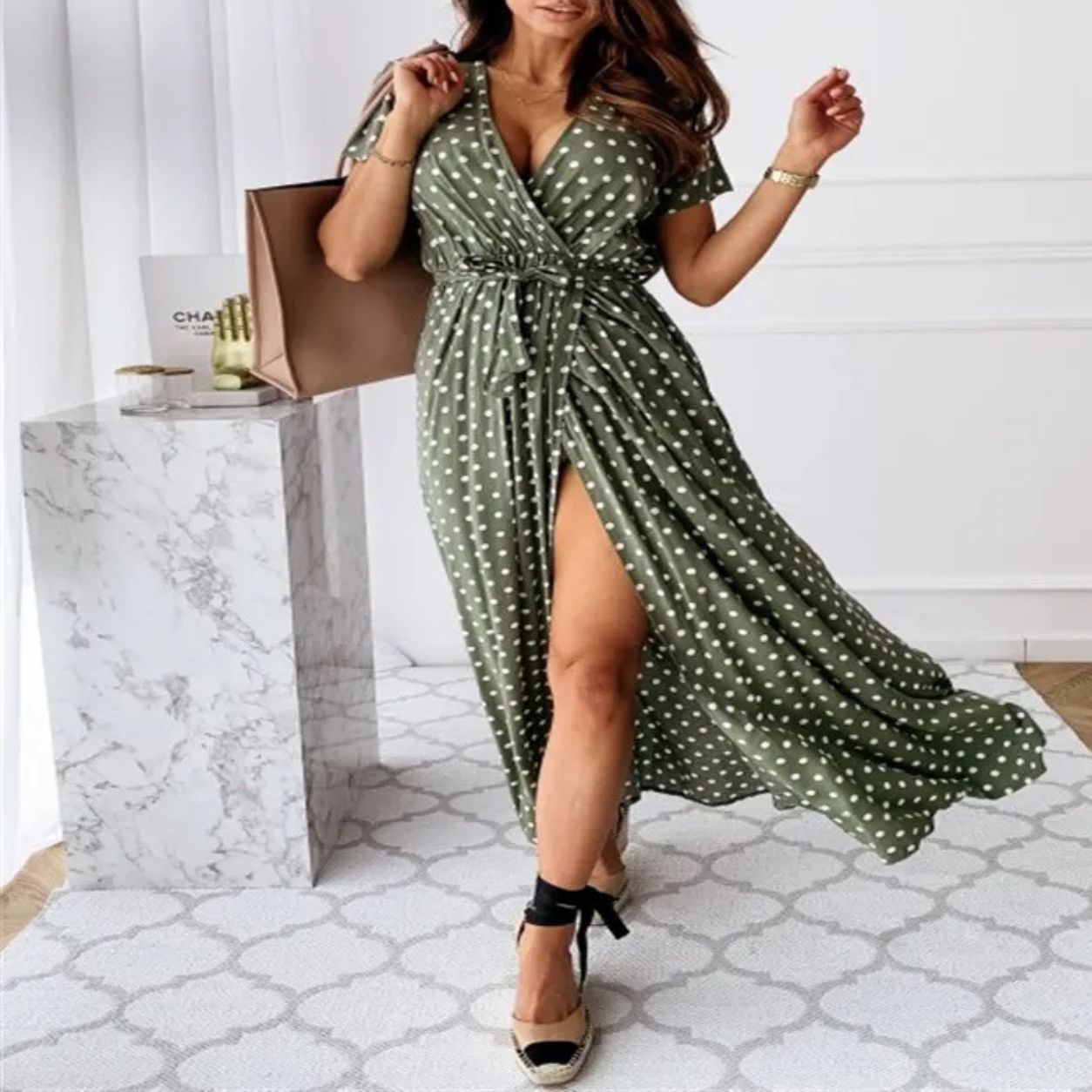 Eden V-neck Bohemian Polka Dot Print Dress