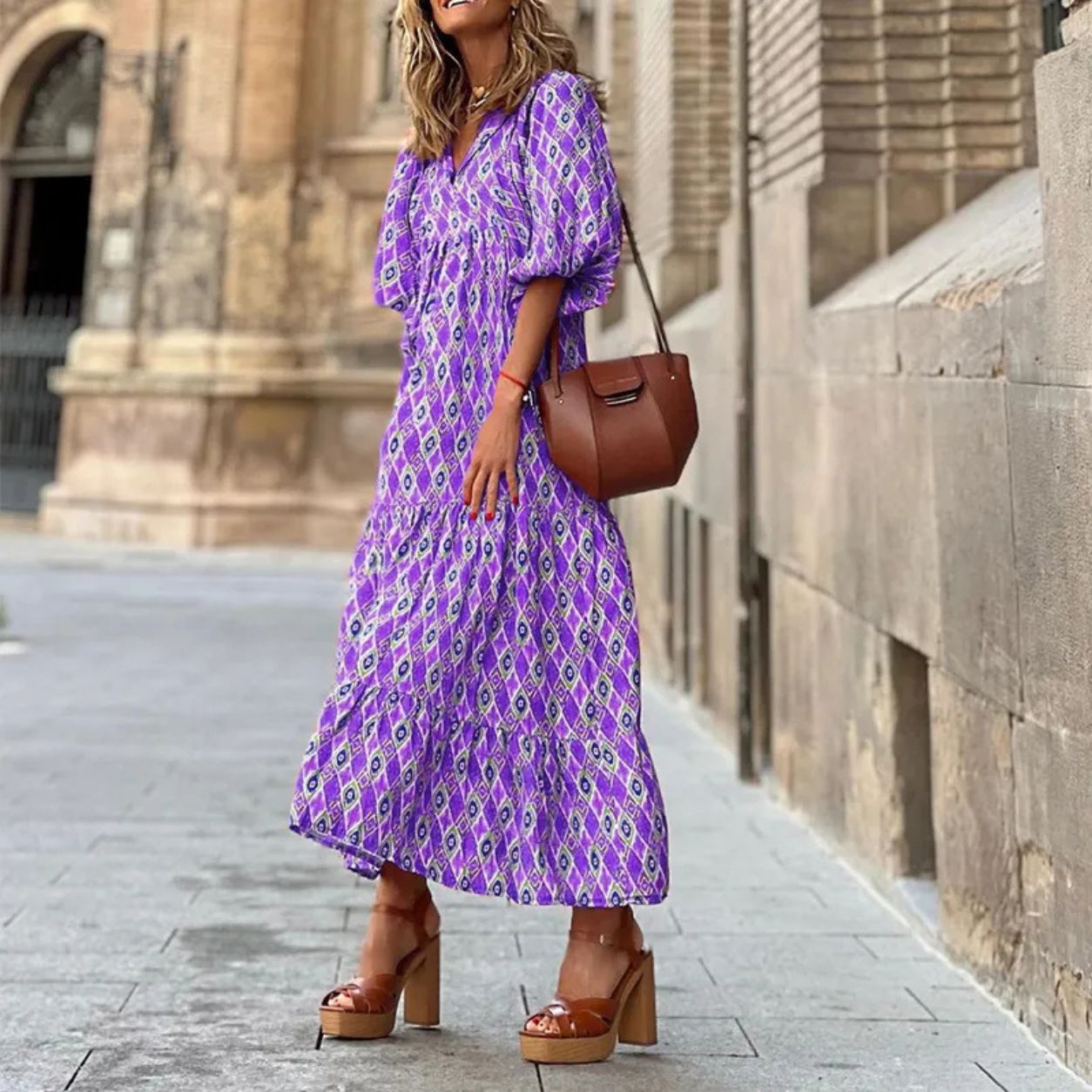 Catalina Short-sleeve Mid-length Boho Print Dress