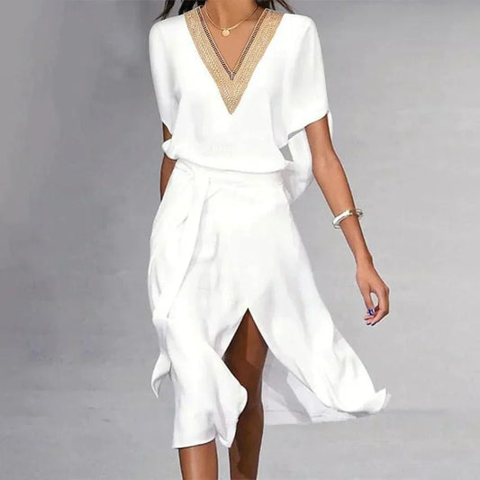 Angela® | Modern women's midi dress with V-neck