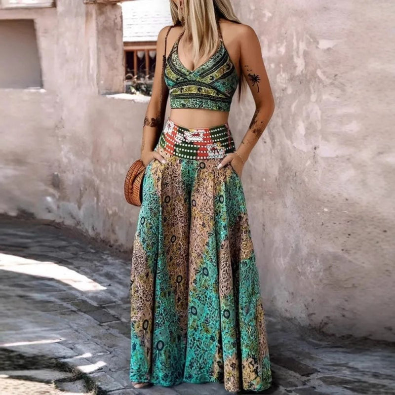 Cara Retro Pattern Short Overall Dress Set