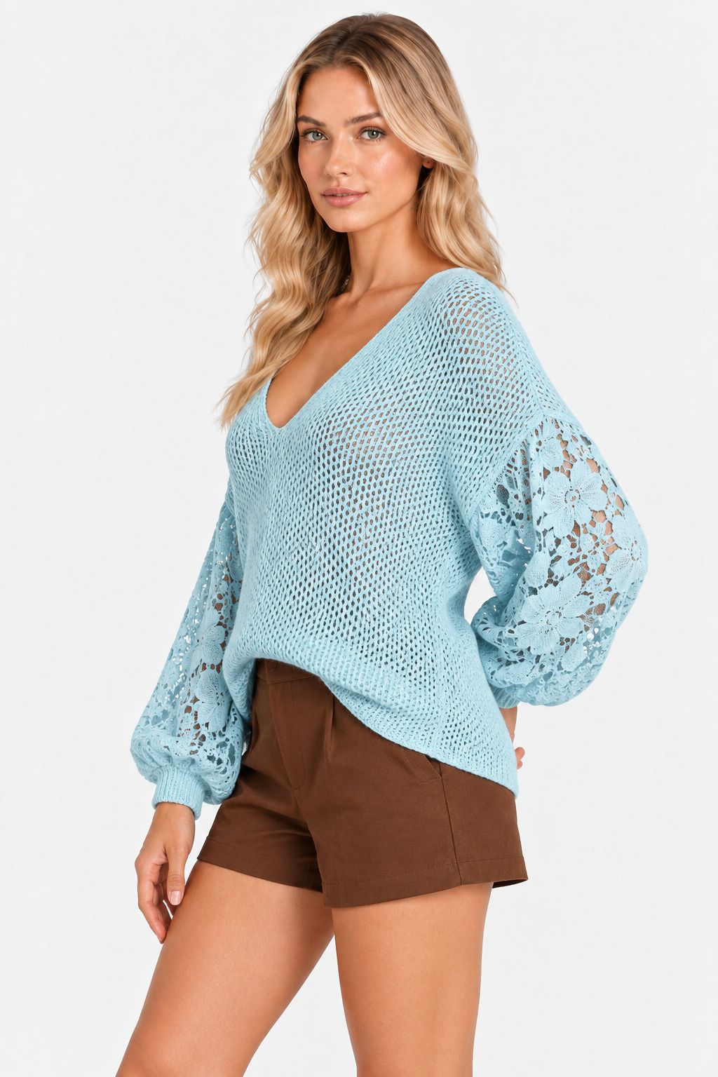 Lucinda® | Lace V-Neck Puff-Sleeve Sweater