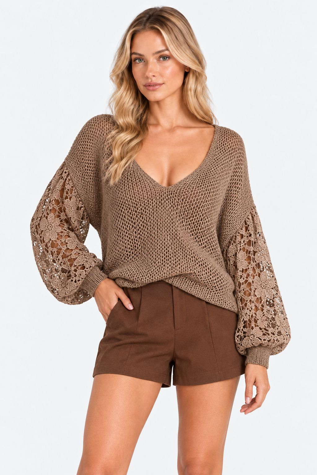 Lucinda® | Lace V-Neck Puff-Sleeve Sweater