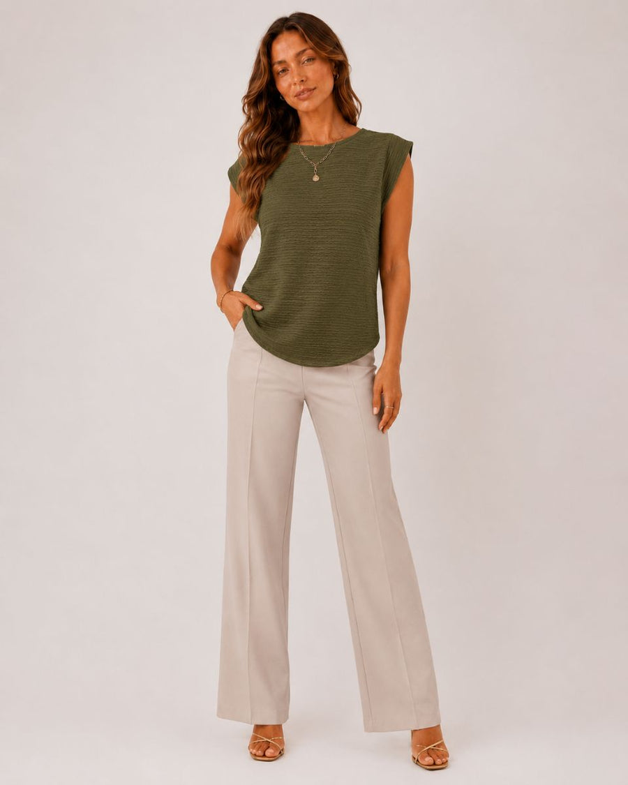 Margot Ins Pleated Round Neck Sleeveless Top — Army Green