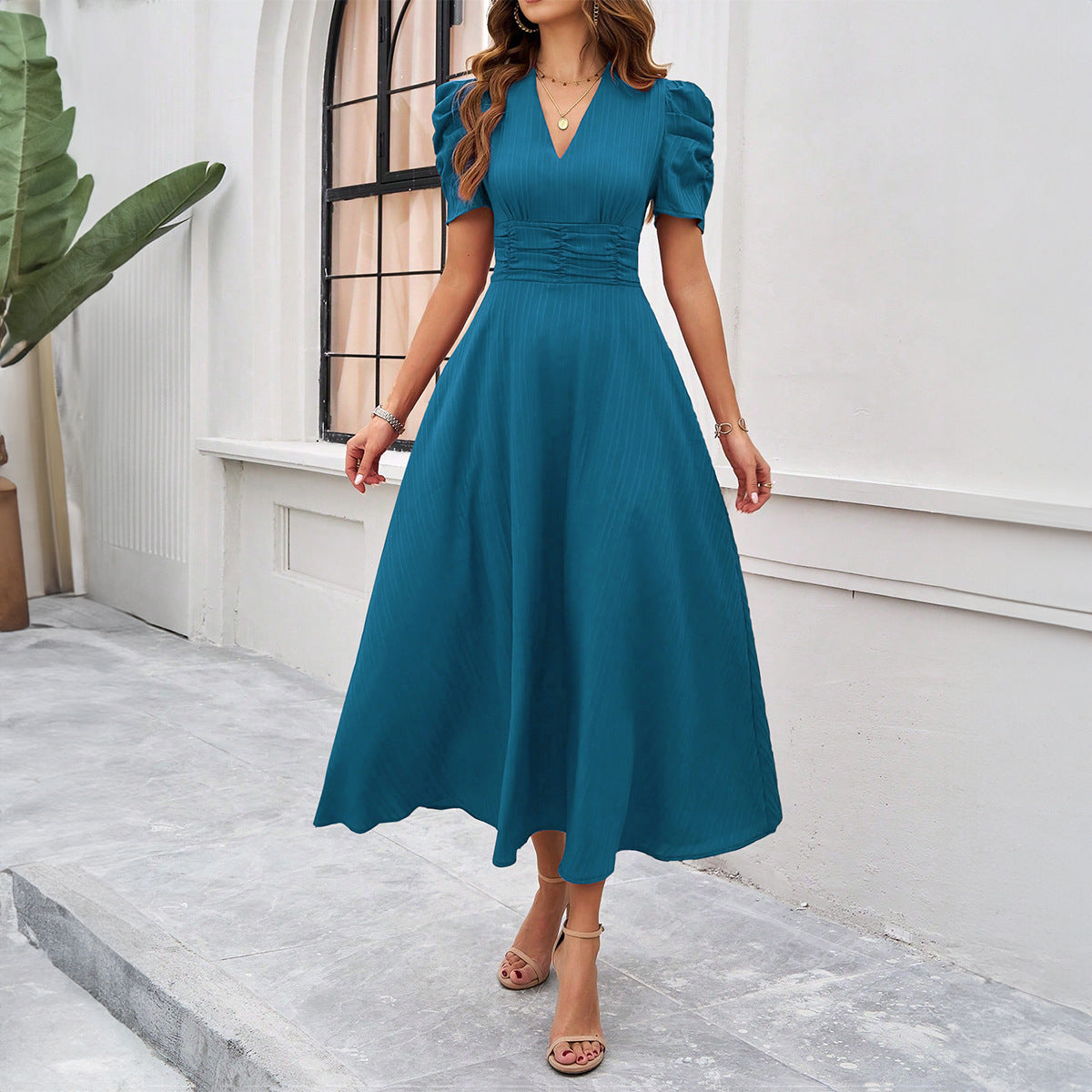 Jennifer® | Elegant Dress With Puff Sleeves, V-Neckline And Gathered Waist