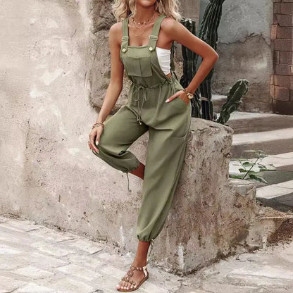Victoria | Cotton And Linen Back Strap Buckle Workwear Jumpsuit
