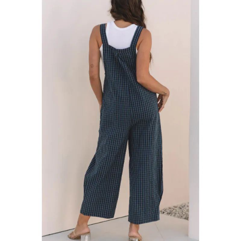 Genevieve | Blue Plaid Print Buttoned Pocketed High Waist Overall
