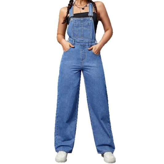 Elodie | Washed Blue Denim Overalls Casual And Loose-Fitting