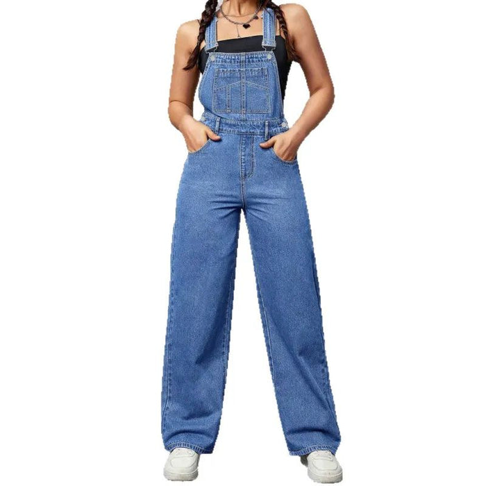 Elodie | Washed Blue Denim Overalls Casual And Loose-Fitting