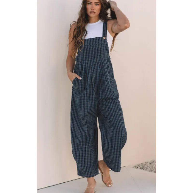 Genevieve | Blue Plaid Print Buttoned Pocketed High Waist Overall