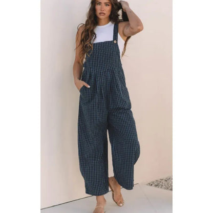 Genevieve | Blue Plaid Print Buttoned Pocketed High Waist Overall