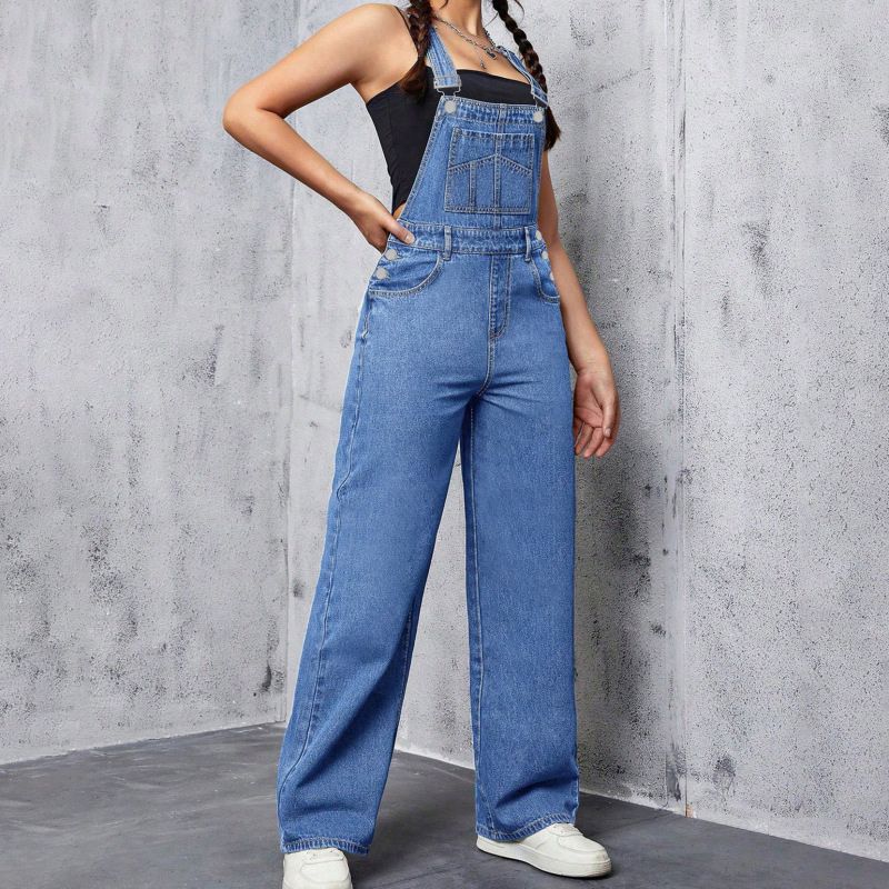 Elodie | Washed Blue Denim Overalls Casual And Loose-Fitting