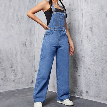 Elodie | Washed Blue Denim Overalls Casual And Loose-Fitting