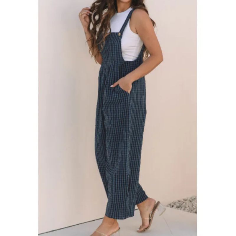 Genevieve | Blue Plaid Print Buttoned Pocketed High Waist Overall