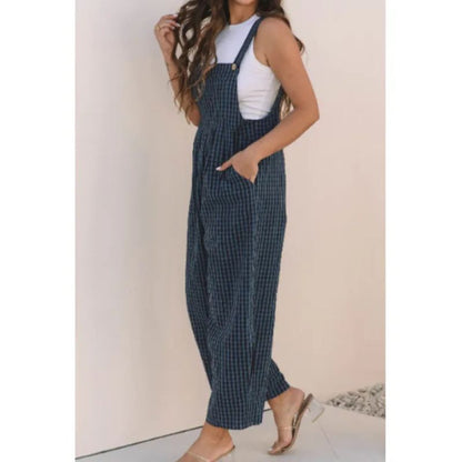 Genevieve | Blue Plaid Print Buttoned Pocketed High Waist Overall