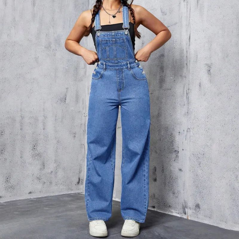 Elodie | Washed Blue Denim Overalls Casual And Loose-Fitting