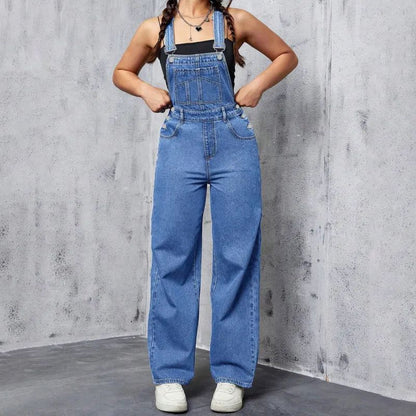 Elodie | Washed Blue Denim Overalls Casual And Loose-Fitting