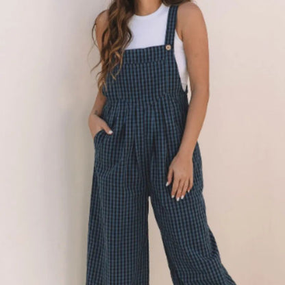Genevieve | Blue Plaid Print Buttoned Pocketed High Waist Overall