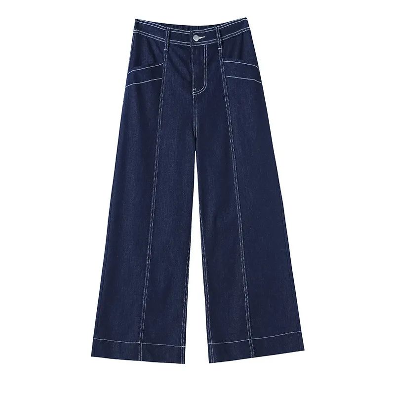 Double-Stitch Wide-Leg Ankle Denim Pants