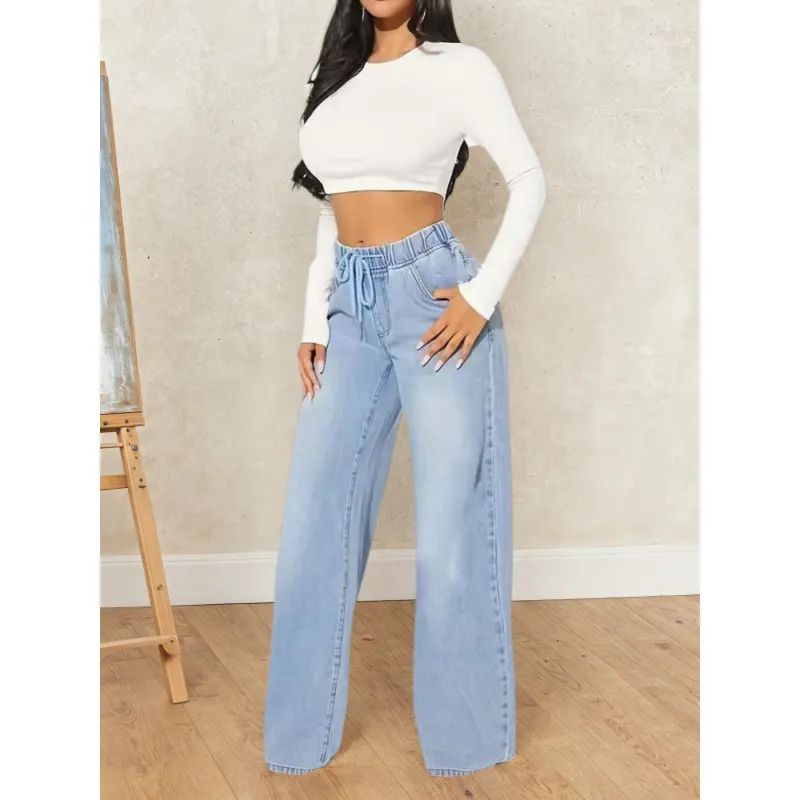 High-Waisted Drawstring Wide-Leg Denim Pants