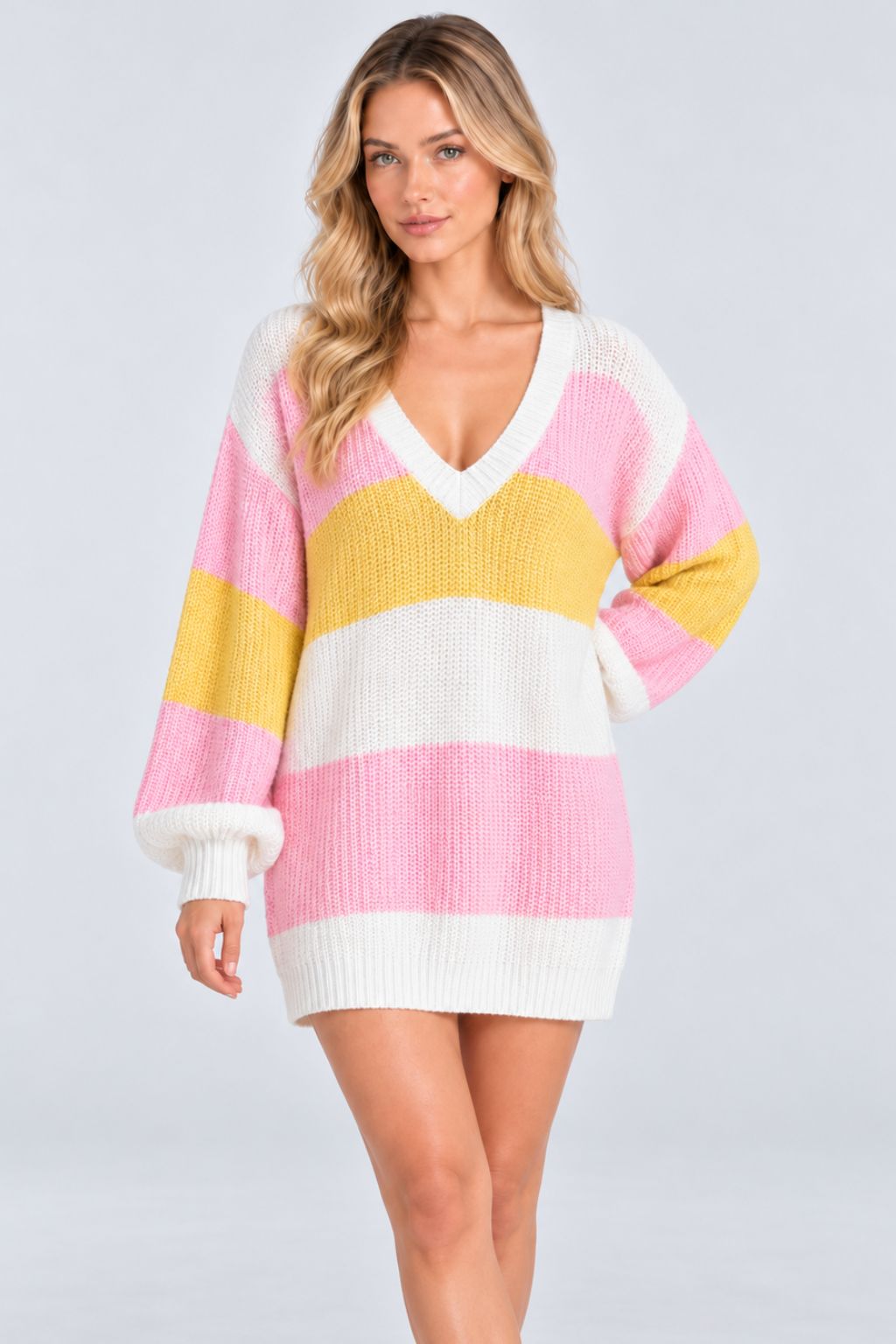 Iris® | Rainbow-Striped V-Neck Winter Knit Dress