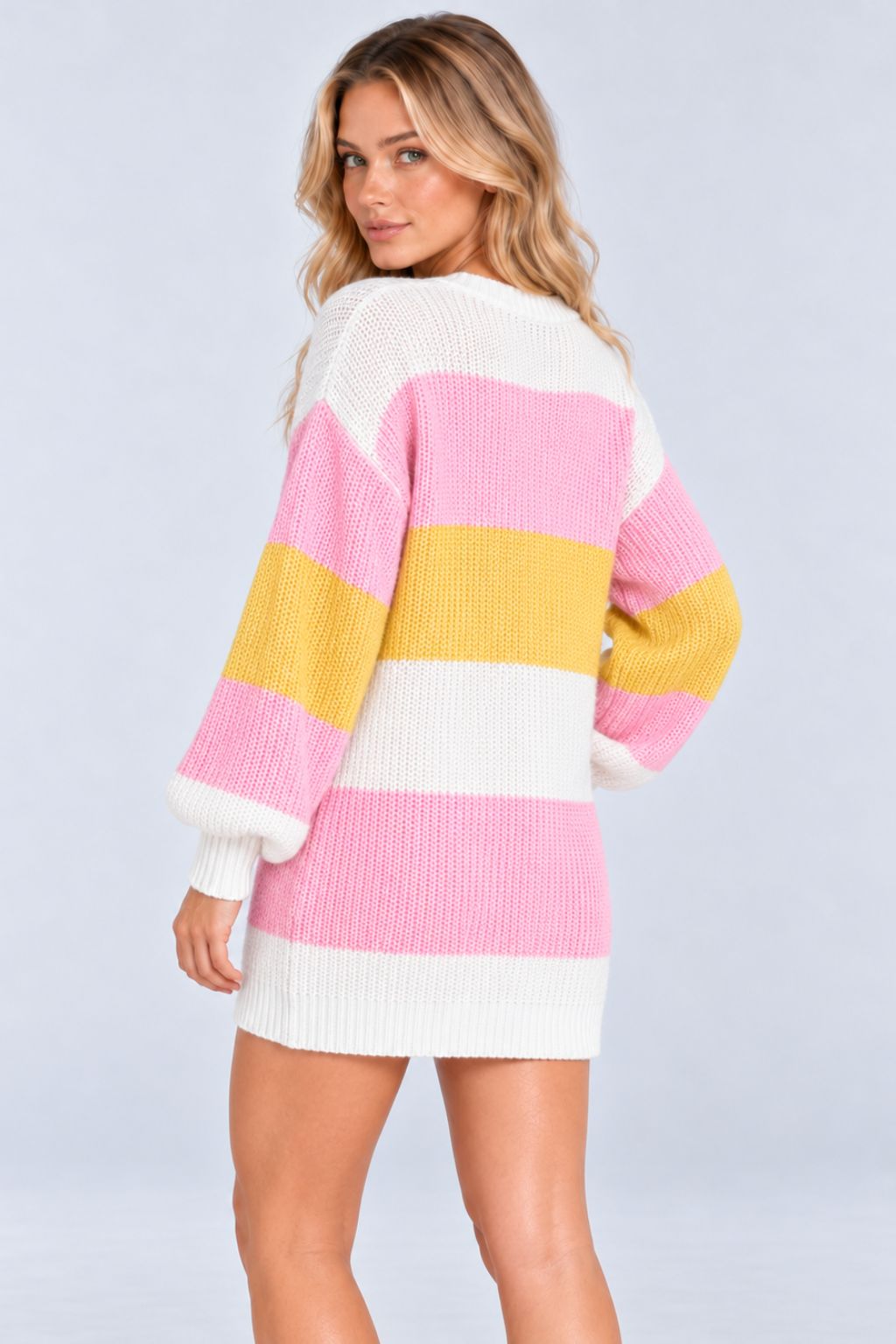 Iris® | Rainbow-Striped V-Neck Winter Knit Dress