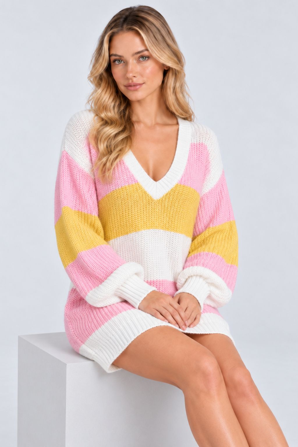 Iris® | Rainbow-Striped V-Neck Winter Knit Dress