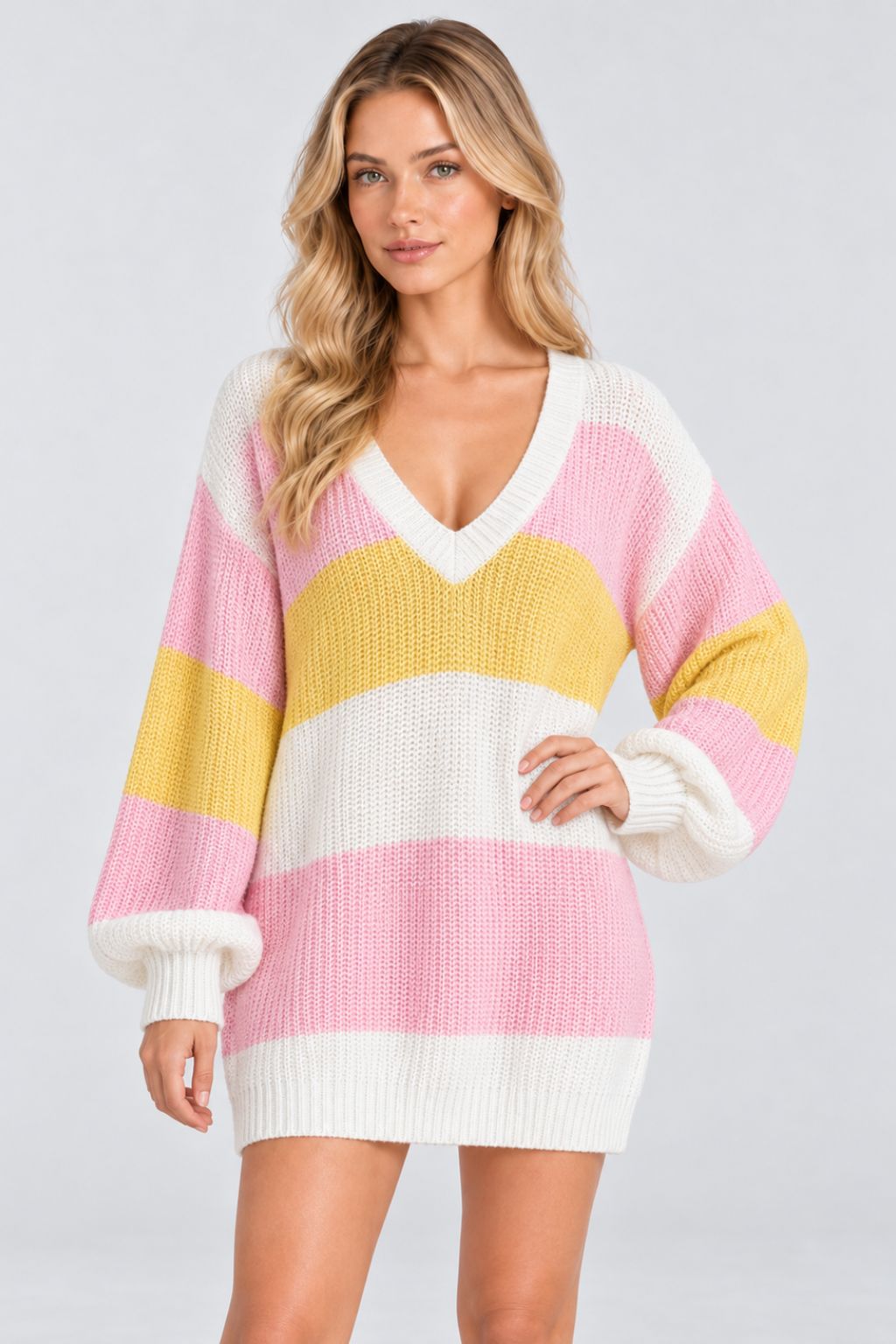 Iris® | Rainbow-Striped V-Neck Winter Knit Dress
