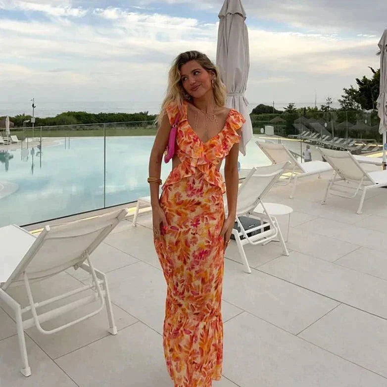 María José® | Orange Summer Dress With Ruffles