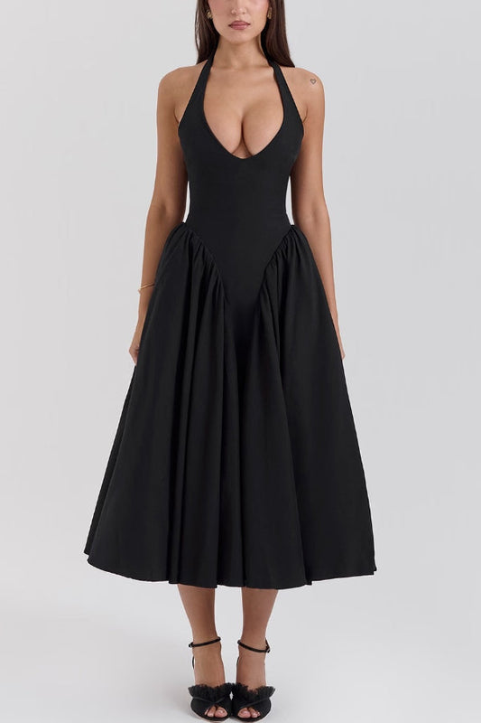 Lilly® | Solid A-line halter midi dresses with deep V-neck