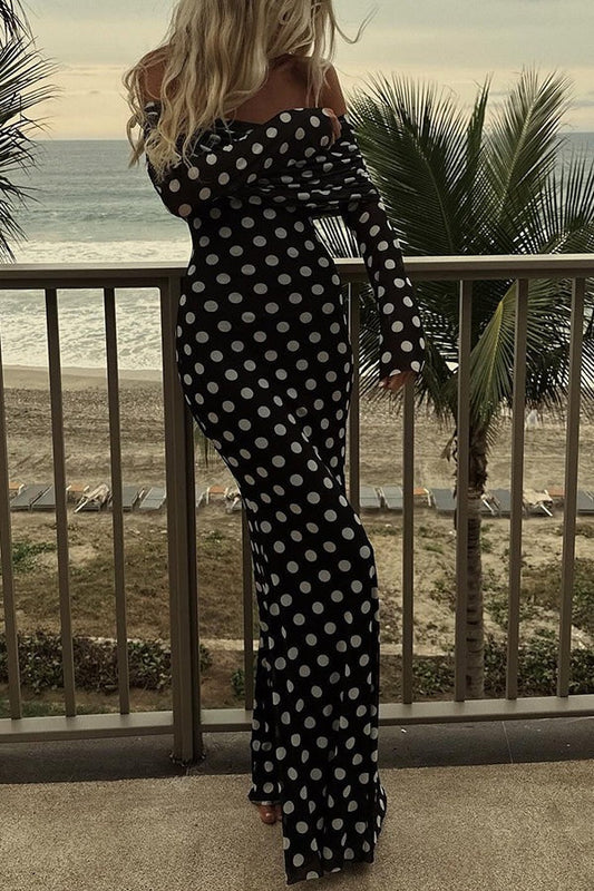 Hazel® | Chic off-the-shoulder ruched stretch maxi dress with polka dot print
