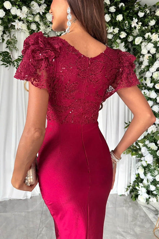 Romilly® | Dreamy, luxurious lace and satin ruffle sleeve patchwork midi dress