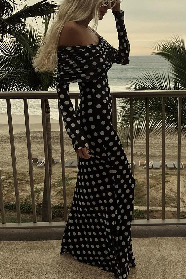 Hazel® | Chic off-the-shoulder ruched stretch maxi dress with polka dot print