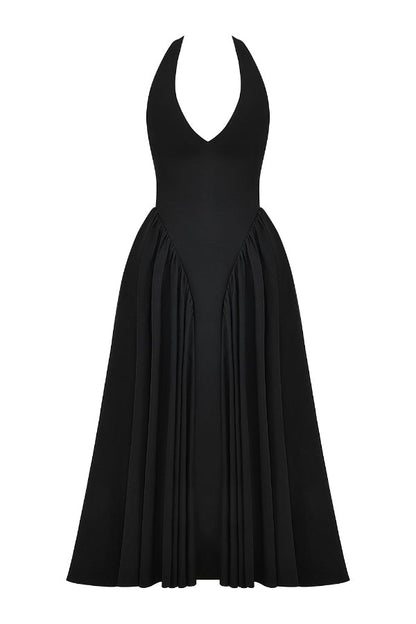 Lilly® | Solid A-line halter midi dresses with deep V-neck