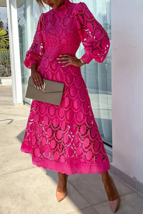 Francisca® | Romantic, sensual and elegant party midi dress with crochet lace and lantern sleeves