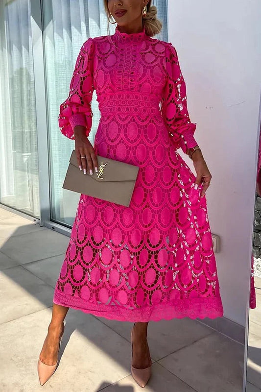 Francisca® | Romantic, sensual and elegant party midi dress with crochet lace and lantern sleeves