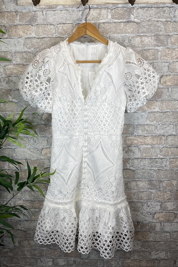 Gilda® | Sweet Valor crochet lace mini dress with puff sleeves and buttons
