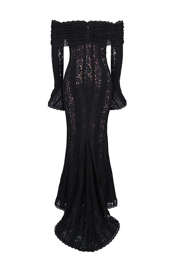 Leila® | Off Shoulder Floral Lace Flared Sleeve Fishtail Maxi Dress - White
