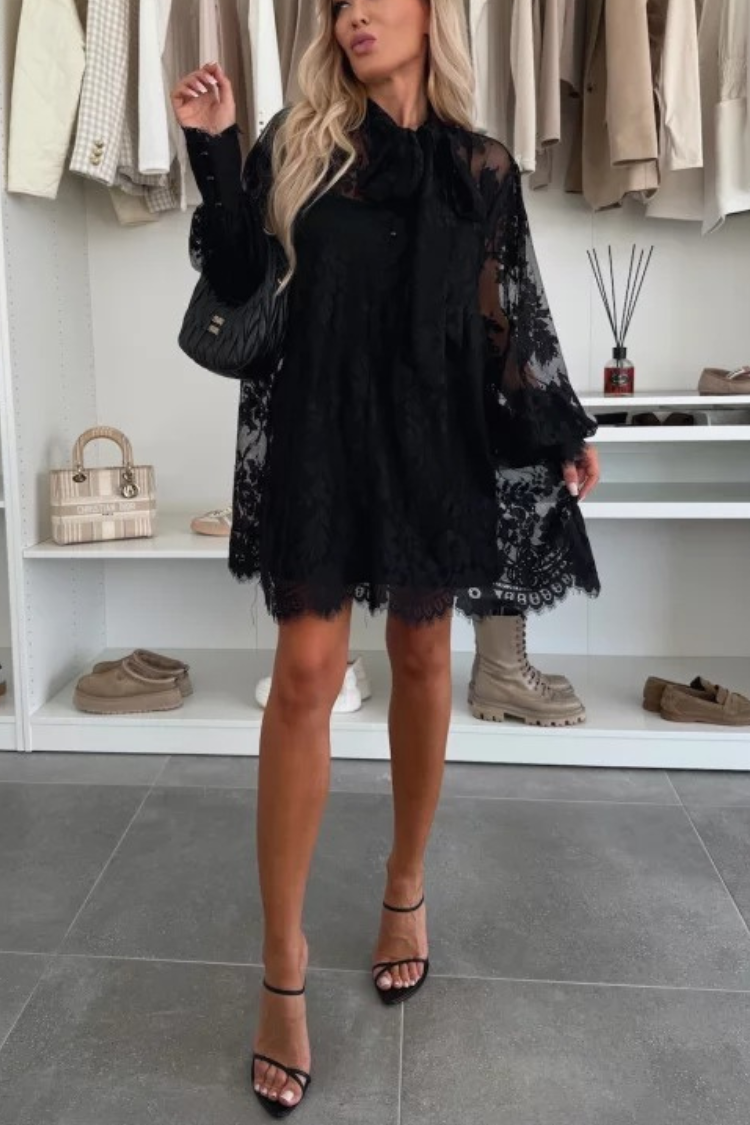 Iliana® | Night Rose A-line mini dress with lace bow and long balloon sleeves
