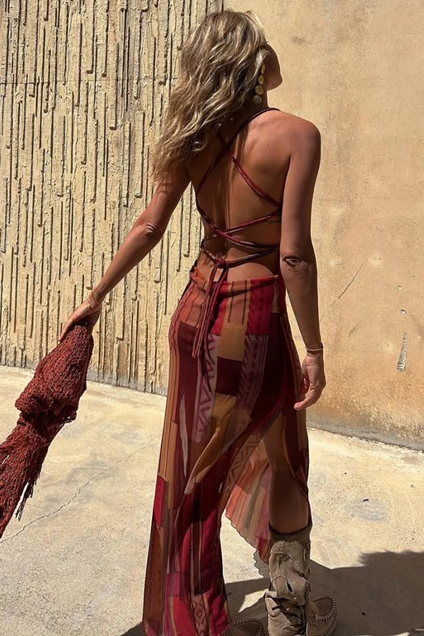 Griselda® | Midi dress with a unique gypsy style print, cowl neckline at the back, lace-up fastening and slit