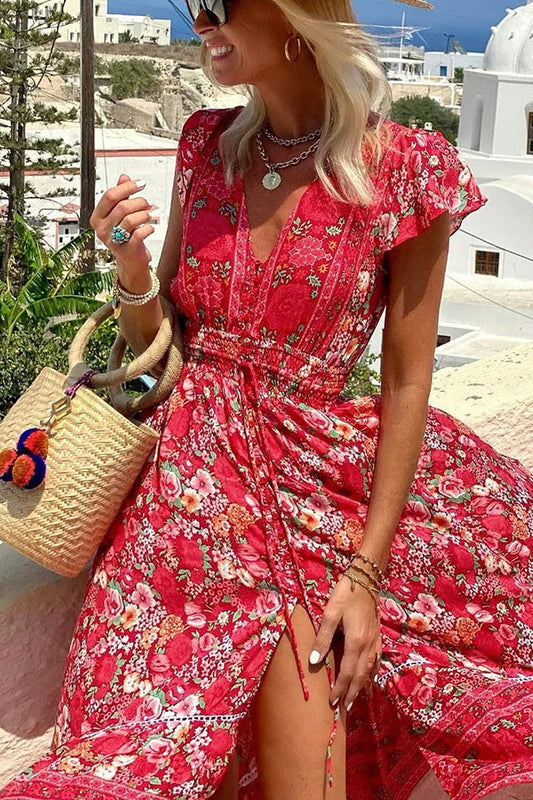 Oriana® | Summer in Greece boho print, ruffle sleeves, elastic waist, high-low midi dress