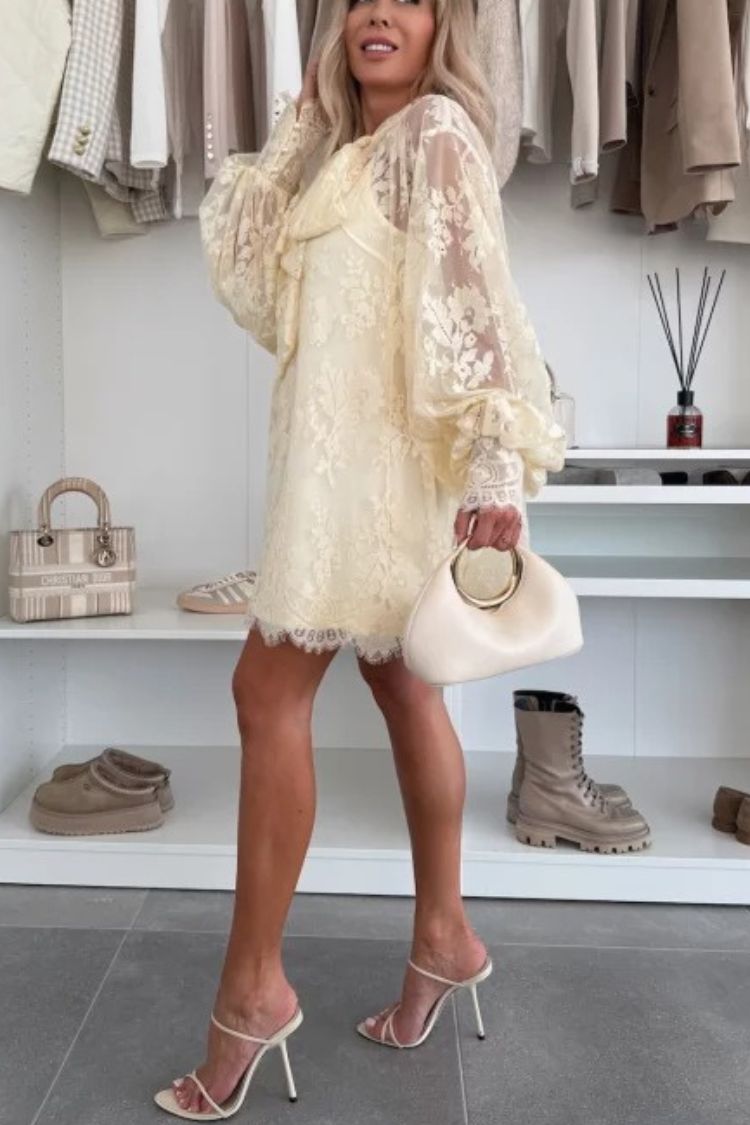Iliana® | Night Rose A-line mini dress with lace bow and long balloon sleeves