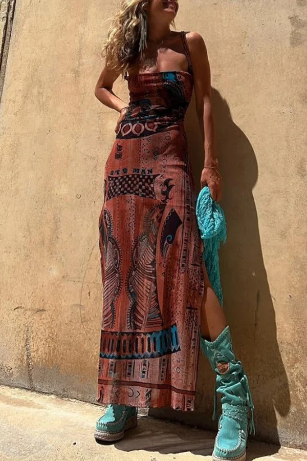 Griselda® | Midi dress with a unique gypsy style print, cowl neckline at the back, lace-up fastening and slit
